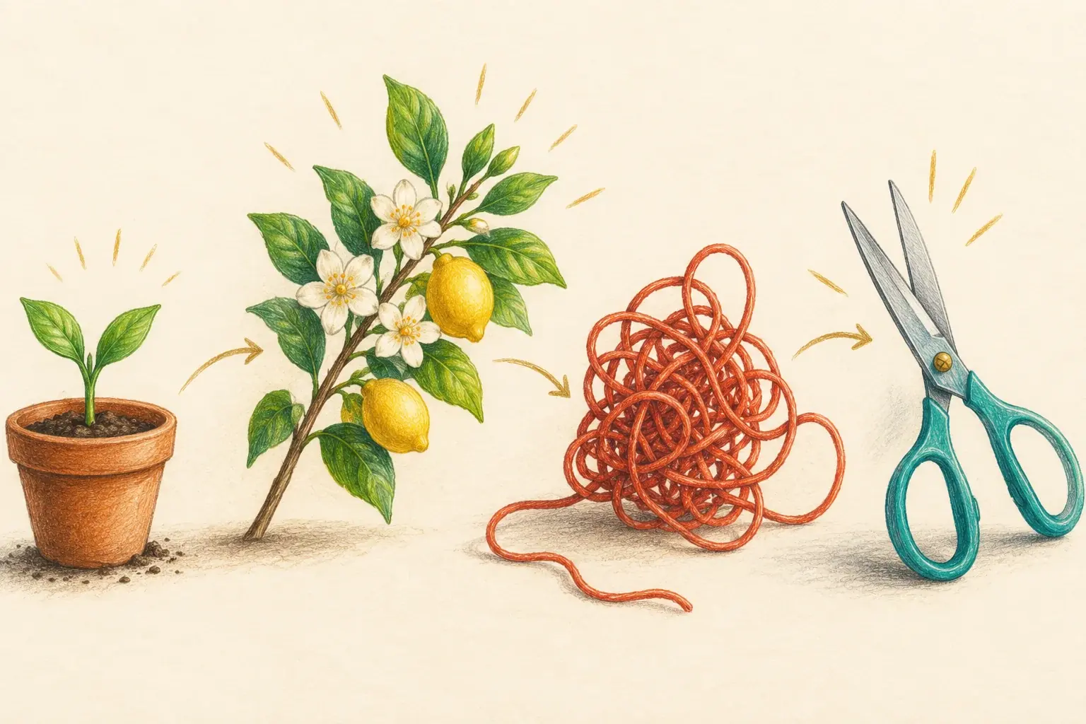 Dessins d'une jeune pousse, d'une branche, d'un fil noué et de ciseaux pour représenter les étapes de l'exercice