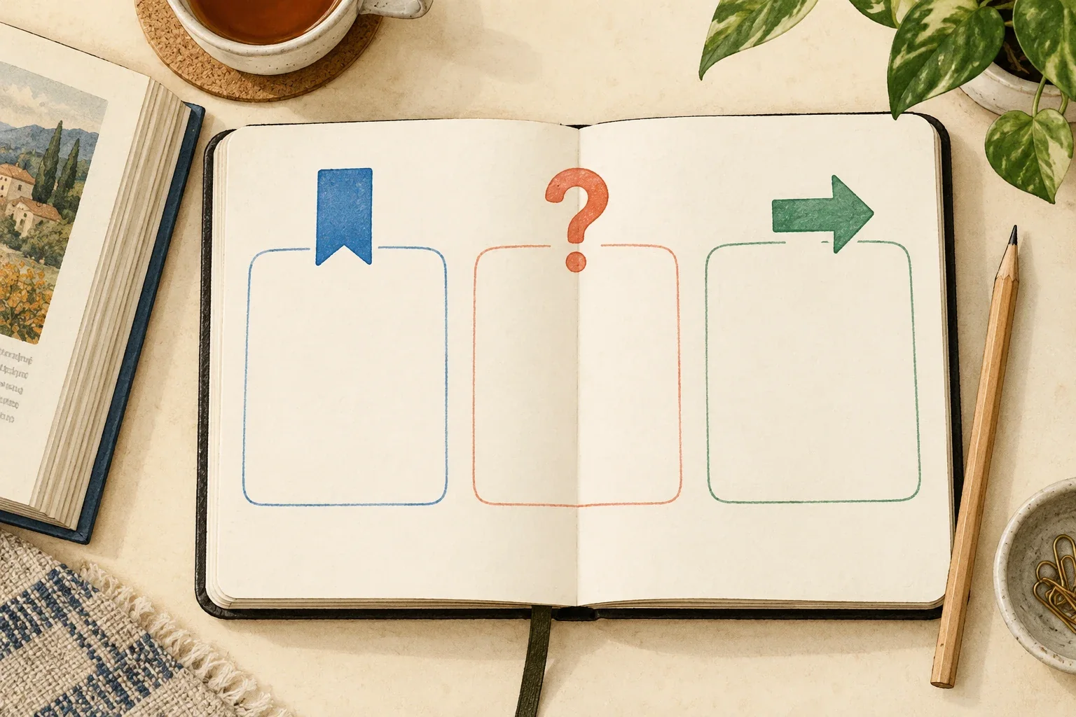 Un carnet comporte des espaces associés à un marque-page, une question et une flèche vers la suite.