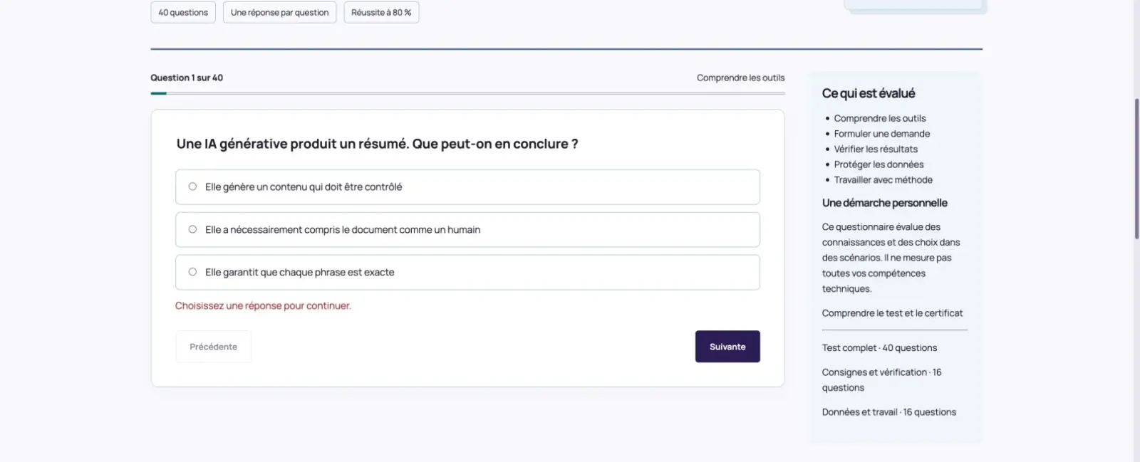 Capture du questionnaire Vise la Réussite montrant la première question et ses trois réponses