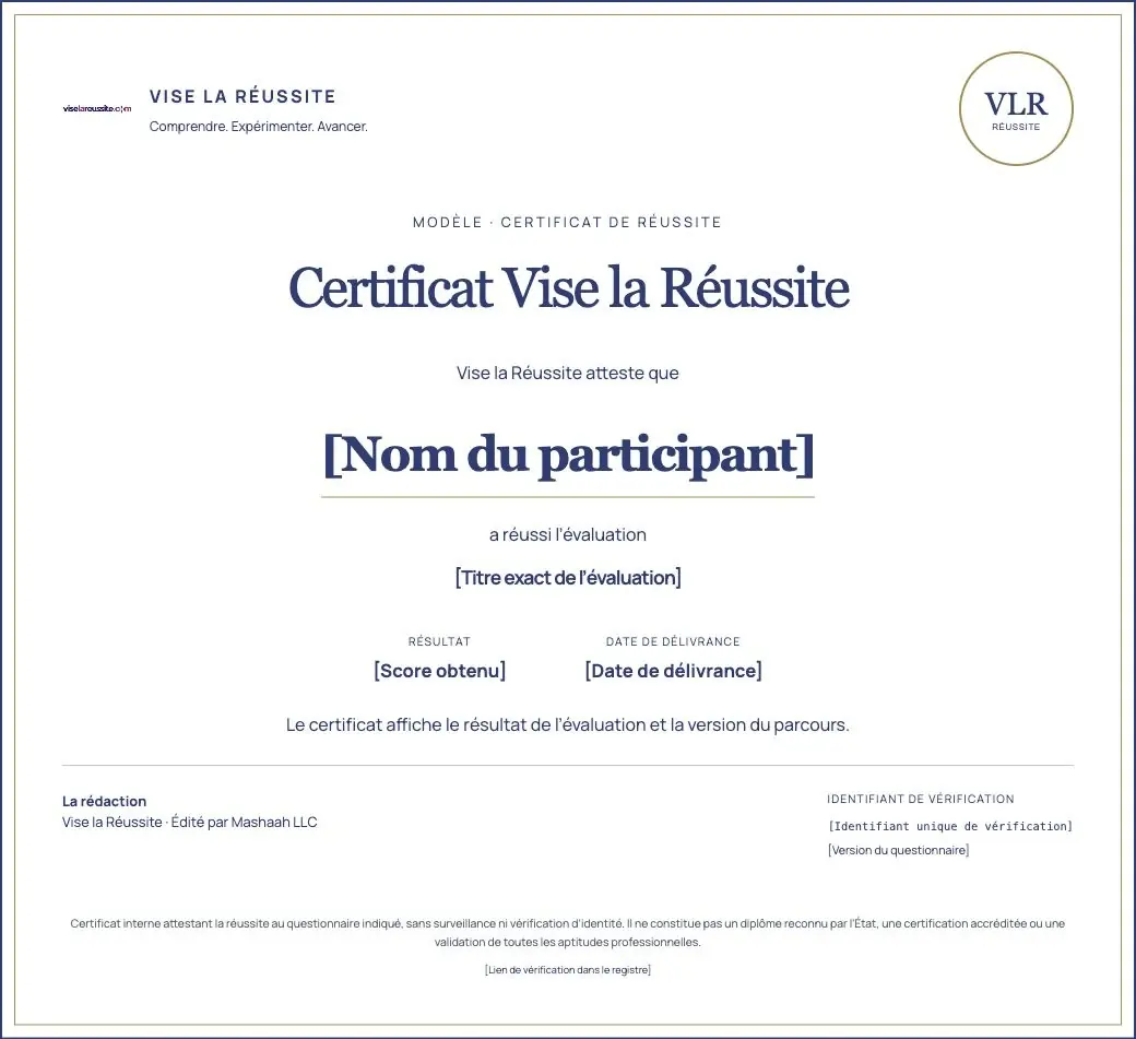 Modèle de certificat Vise la Réussite avec emplacements pour le nom, le titre de l’évaluation, le score, la date et l’identifiant de vérification.