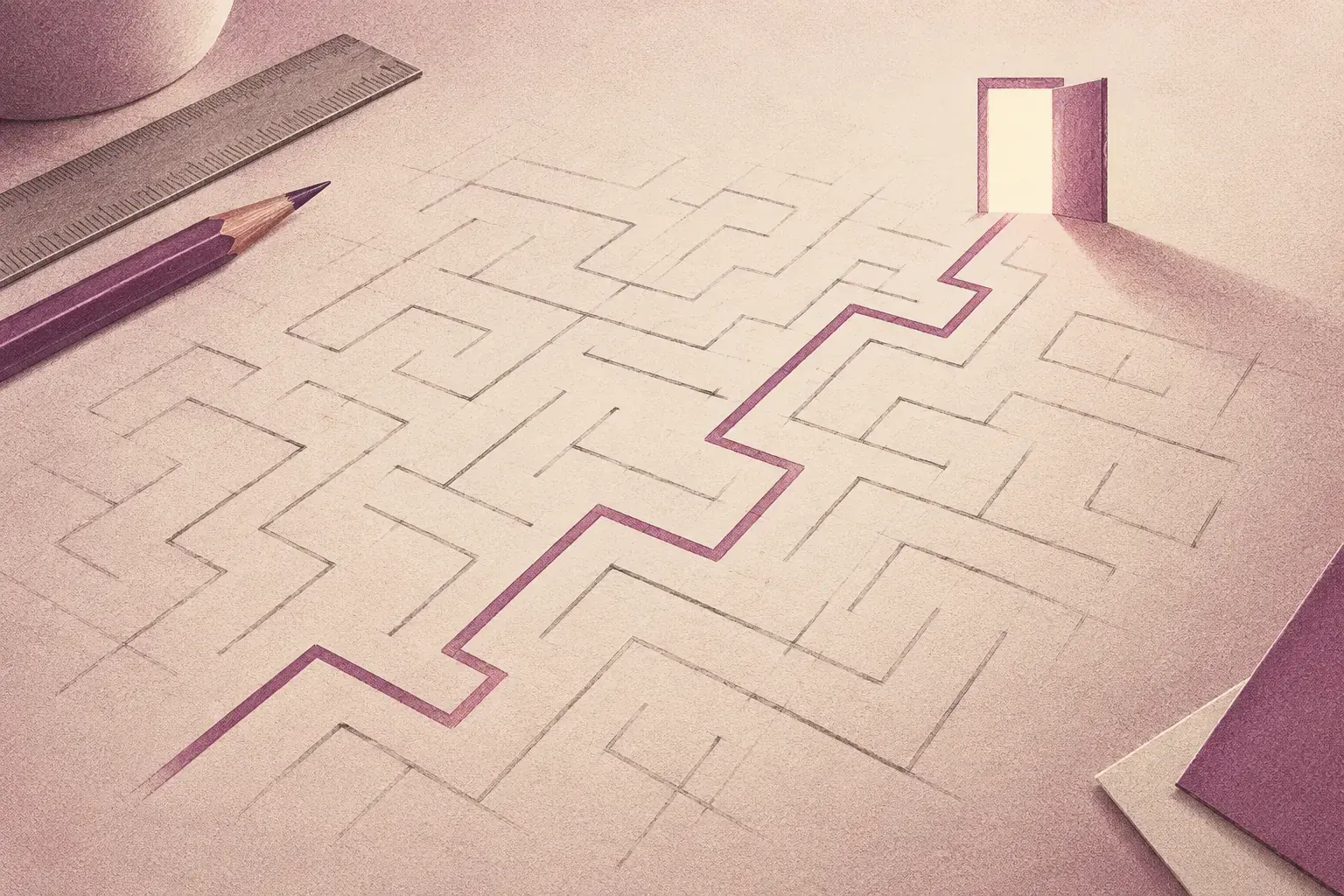 Illustration d’un chemin violet court traversant un ensemble de pistes inachevées vers une porte