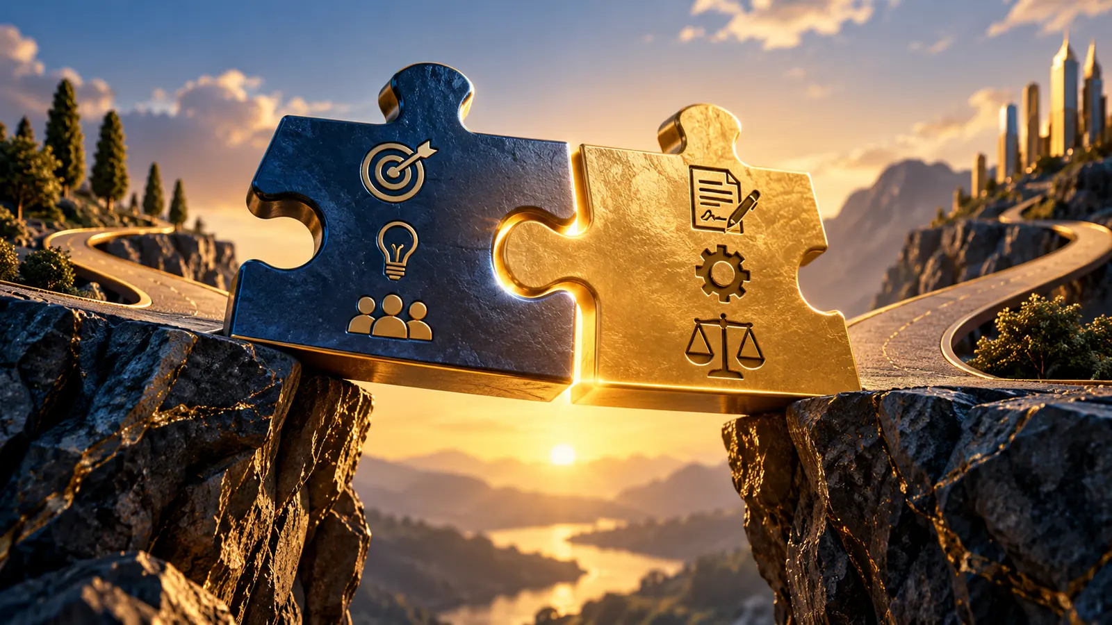 Illustration conceptuelle : Deux pièces de puzzle complémentaires symbolisant une proposition négociée.