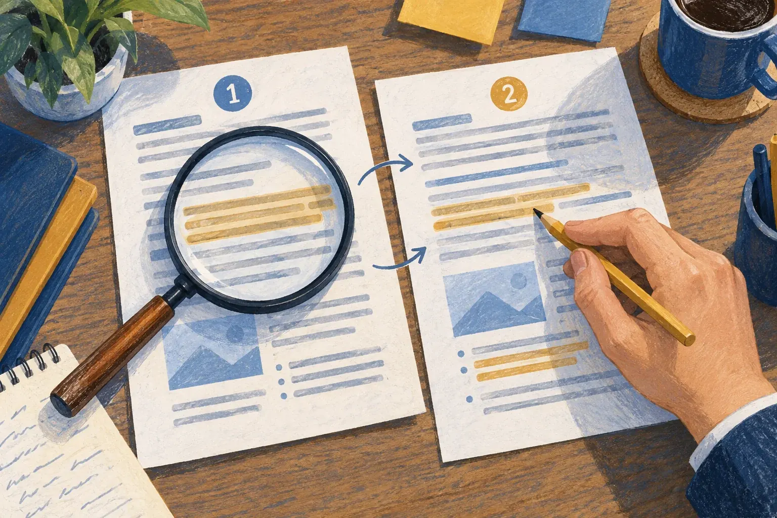 Illustration de deux versions d’un document comparées à l’aide d’une loupe