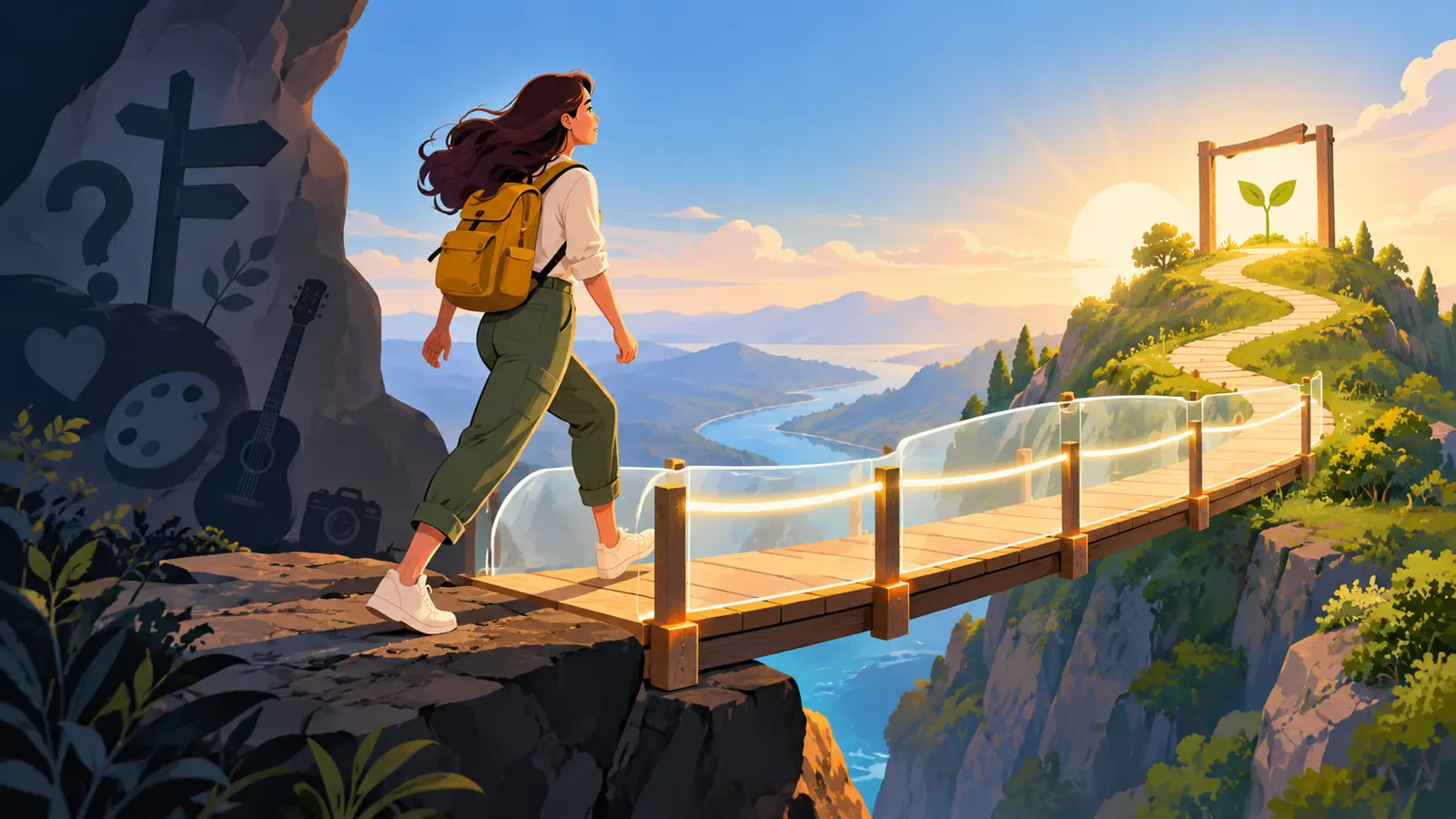 Illustration conceptuelle : Personne empruntant une passerelle pour essayer une nouvelle activité.