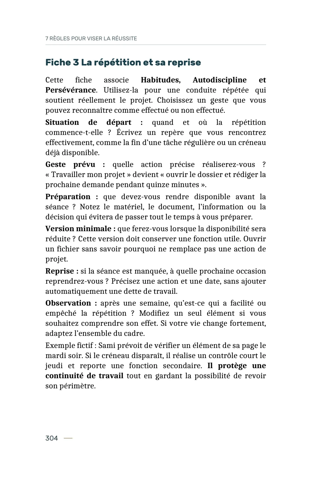 Page 304 du livre 7 règles pour viser la réussite, support de la leçon Utiliser les 14 fiches du carnet de mise en pratique.