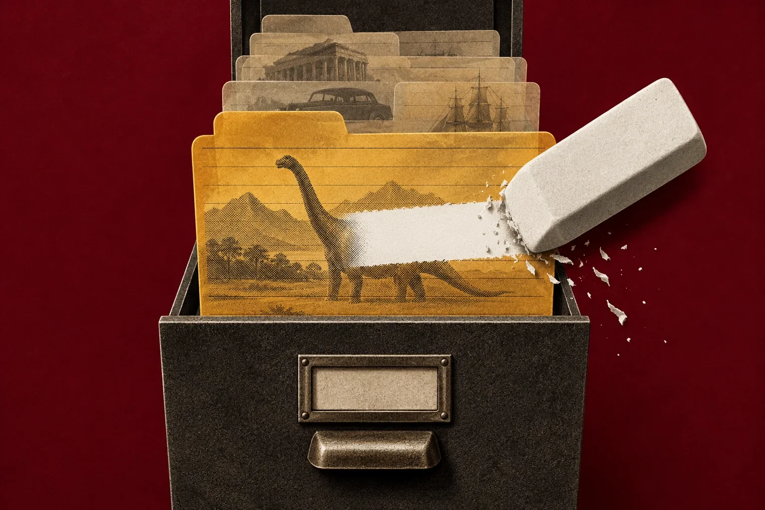 Un tiroir d’archives et des fiches anciennes ; une gomme efface une bande sur la fiche au premier plan.