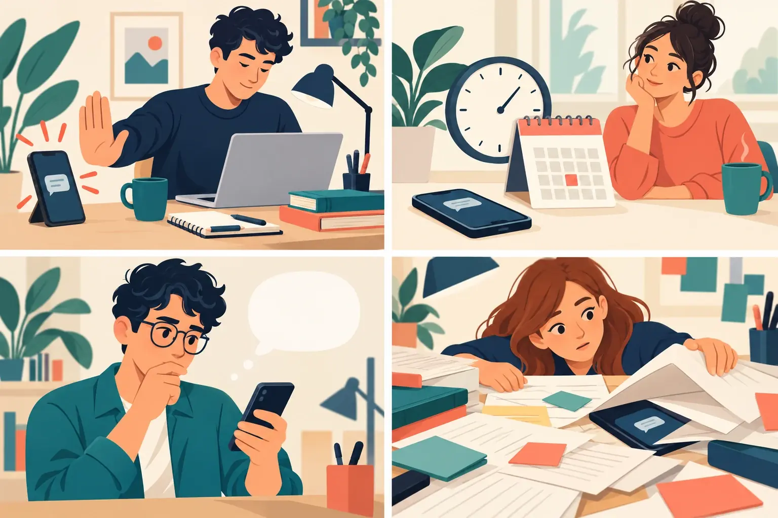 Quatre scènes illustrent la concentration, une réponse programmée, une hésitation et un message perdu dans la dispersion.