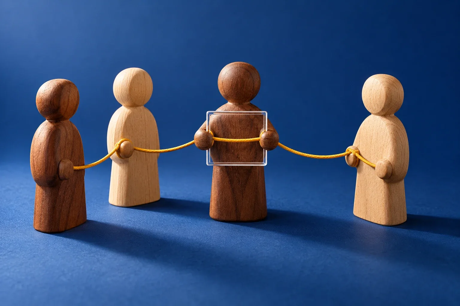Quatre figurines en bois reliées par un cordon ; celle du centre tient un cadre transparent.