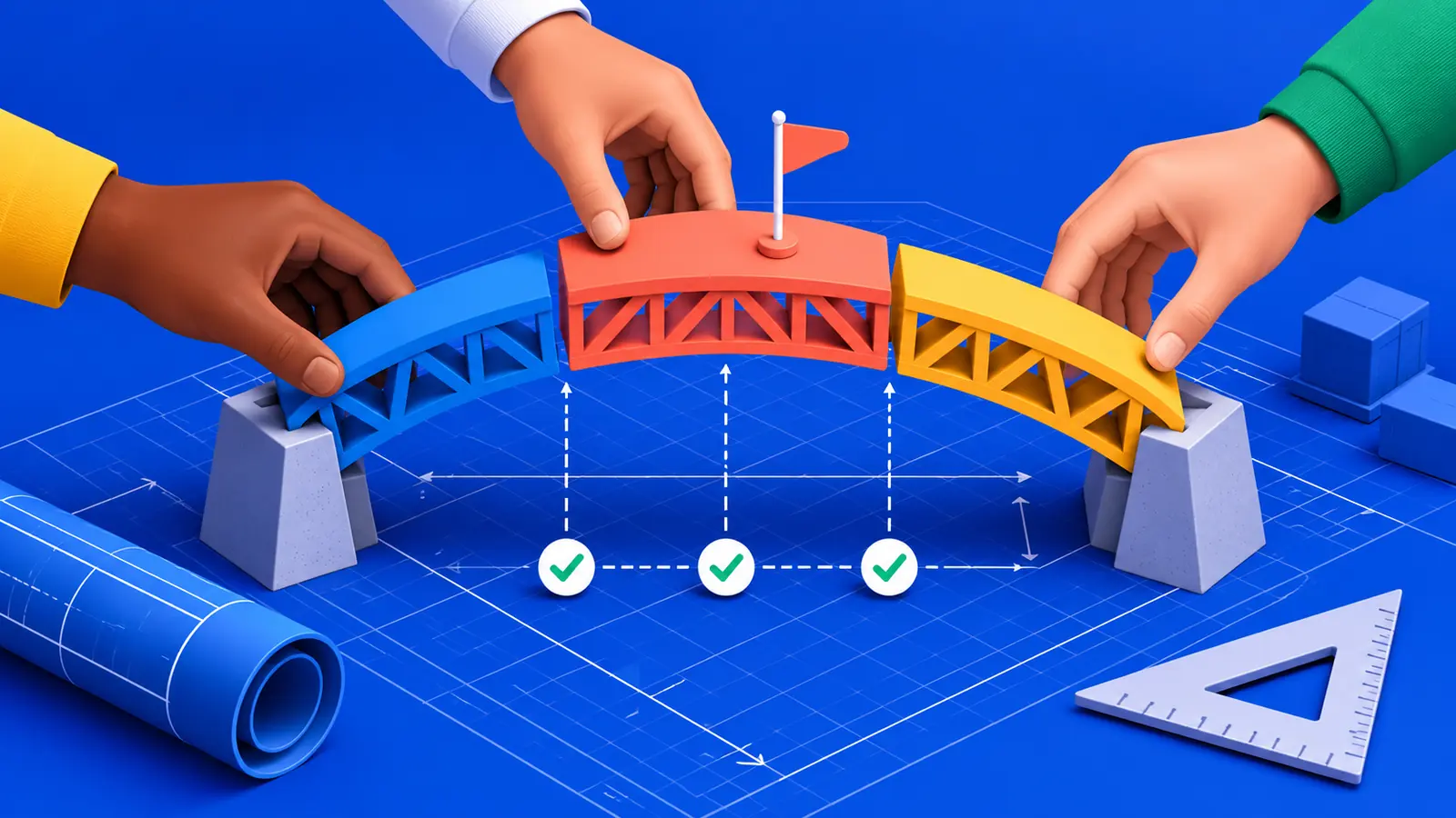 Illustration conceptuelle : Mains assemblant une passerelle de modules sur un plan bleu.