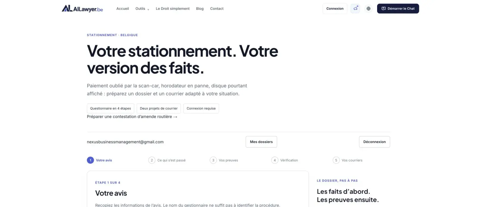 Page publique de l’outil AILawyer avec présentation du parcours et connexion par email