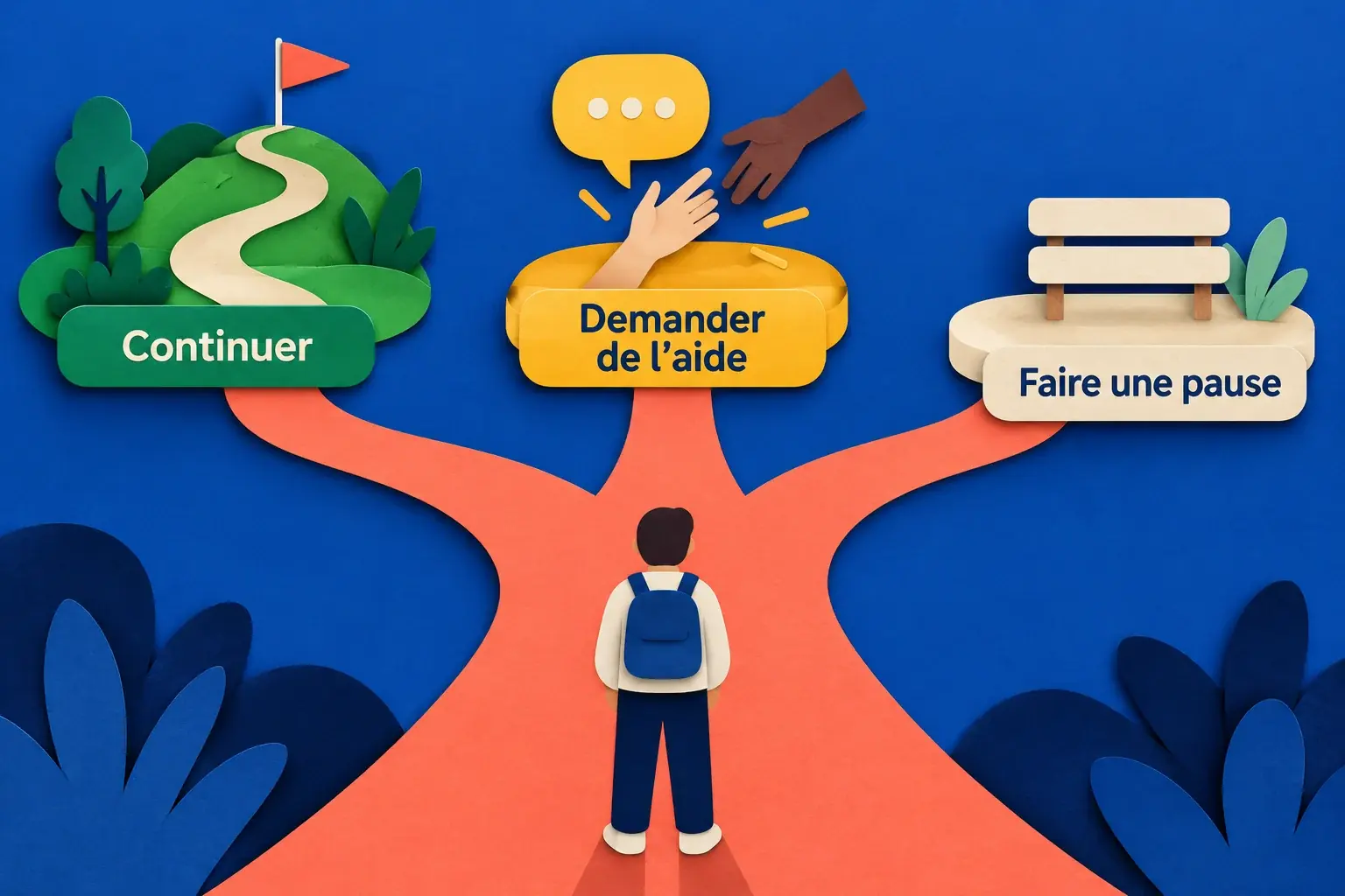 Chemin illustré se séparant entre continuer, demander une aide et faire une pause