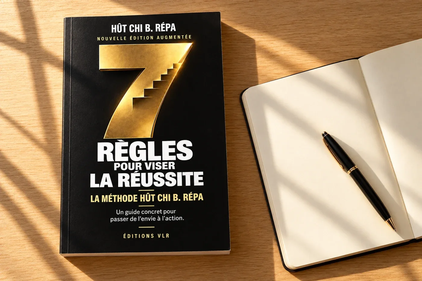 La nouvelle édition augmentée des 7 règles pour viser la réussite, à côté d’un carnet de travail