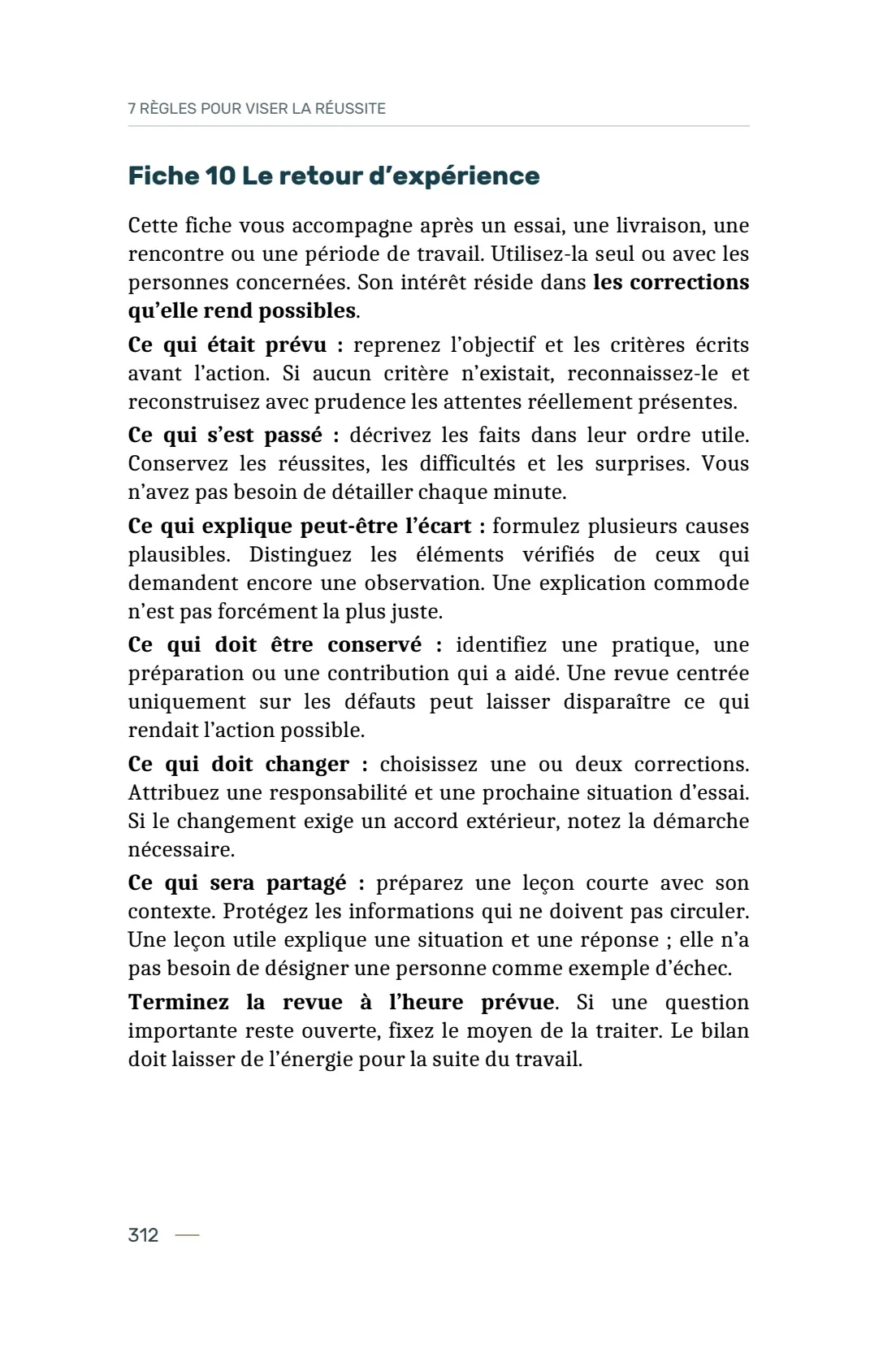 Page 312 du livre 7 règles pour viser la réussite, support de la leçon Utiliser les 14 fiches du carnet de mise en pratique.