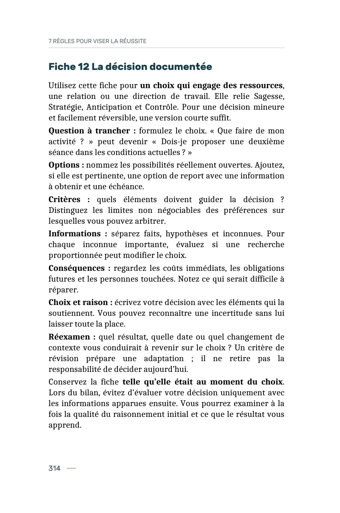 Page 314 du livre 7 règles pour viser la réussite, support de la leçon Utiliser les 14 fiches du carnet de mise en pratique.