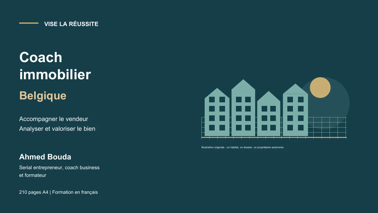 Formation de coach immobilier Belgique par Ahmed Bouda, illustration architecturale originale.
