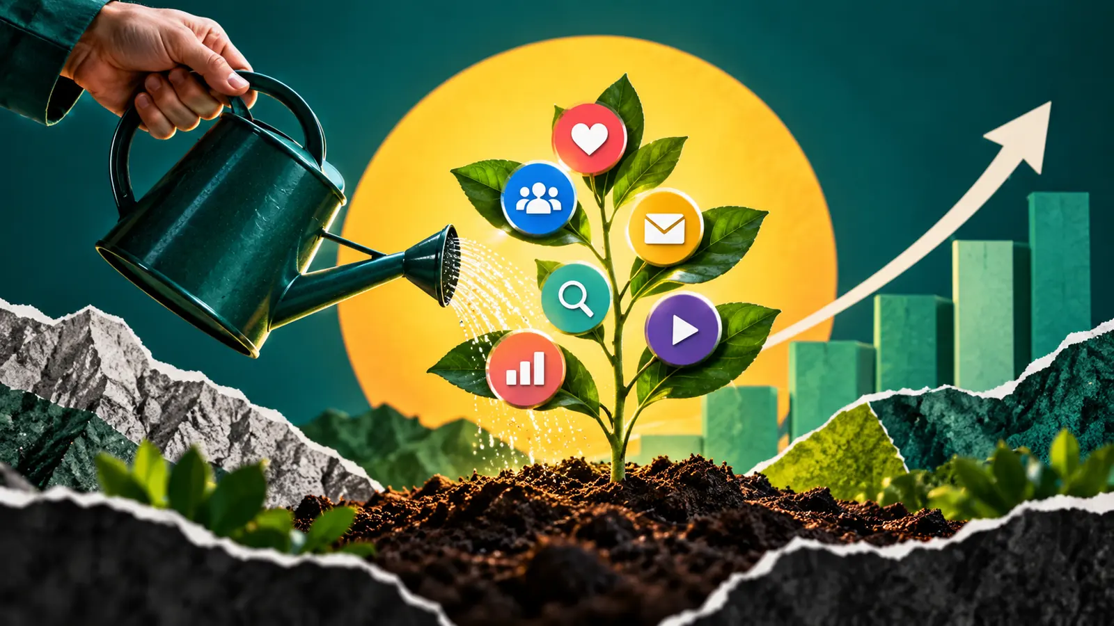Illustration conceptuelle : Main arrosant une plante dont les feuilles portent des symboles de marketing.