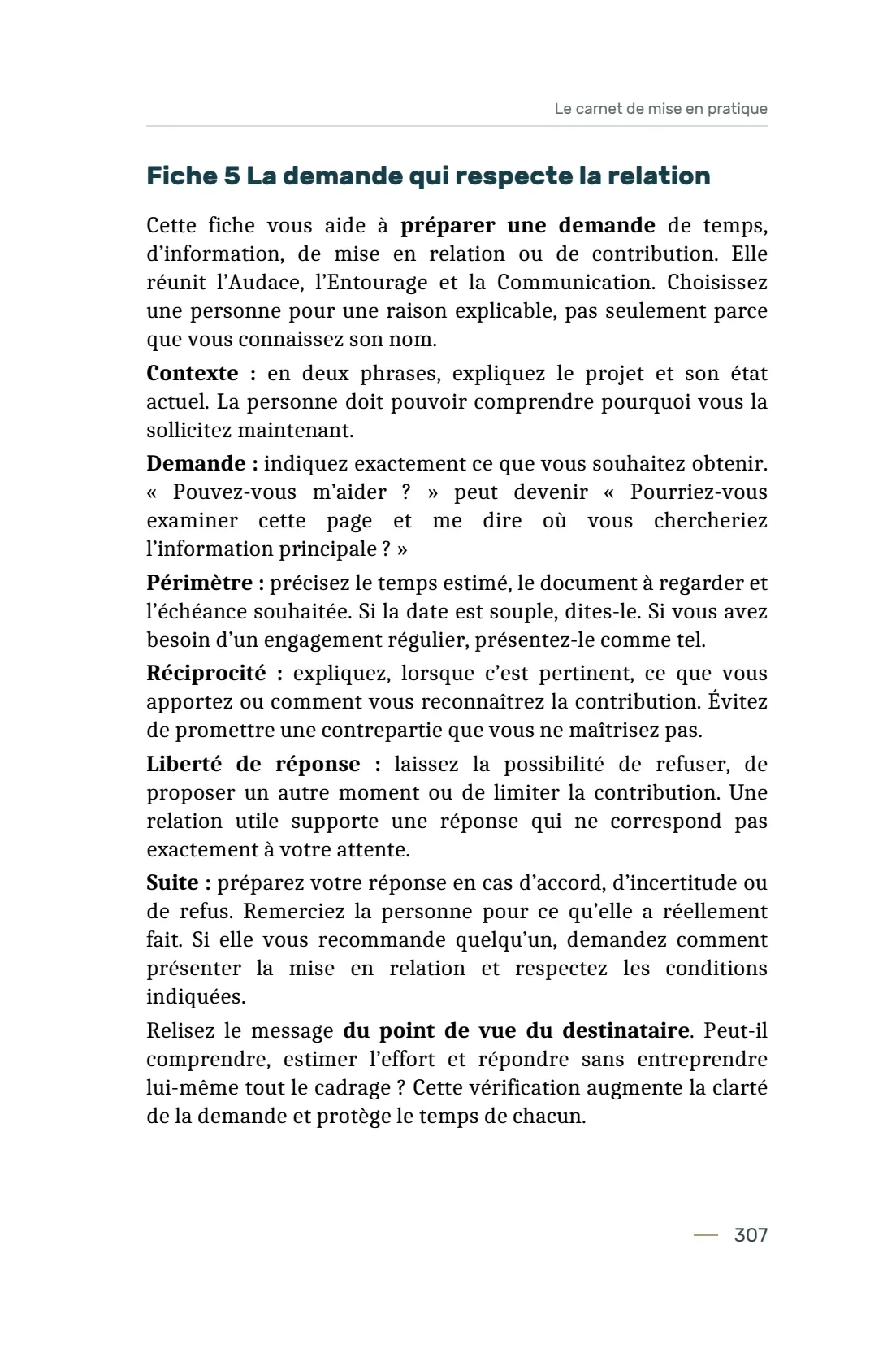 Page 307 du livre 7 règles pour viser la réussite, support de la leçon Utiliser les 14 fiches du carnet de mise en pratique.