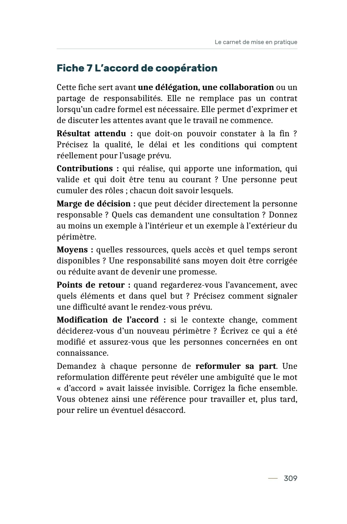 Page 309 du livre 7 règles pour viser la réussite, support de la leçon Utiliser les 14 fiches du carnet de mise en pratique.