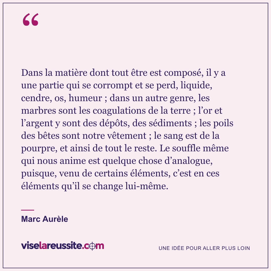 « Dans la matière dont tout être est composé, il y a une partie qui se corrompt et se perd, liquide, cendre, os, humeur ; dans un autre genre, les marbres sont les coagulations de la terre ; l’or et l’argent y sont des dépôts, des sédiments ; les poils des bêtes sont notre vêtement ; le sang est de la pourpre, et ainsi de tout le reste. Le souffle même qui nous anime est quelque chose d’analogue, puisque, venu de certains éléments, c’est en ces éléments qu’il se change lui-même. » — Marc Aurèle — Vise la Réussite