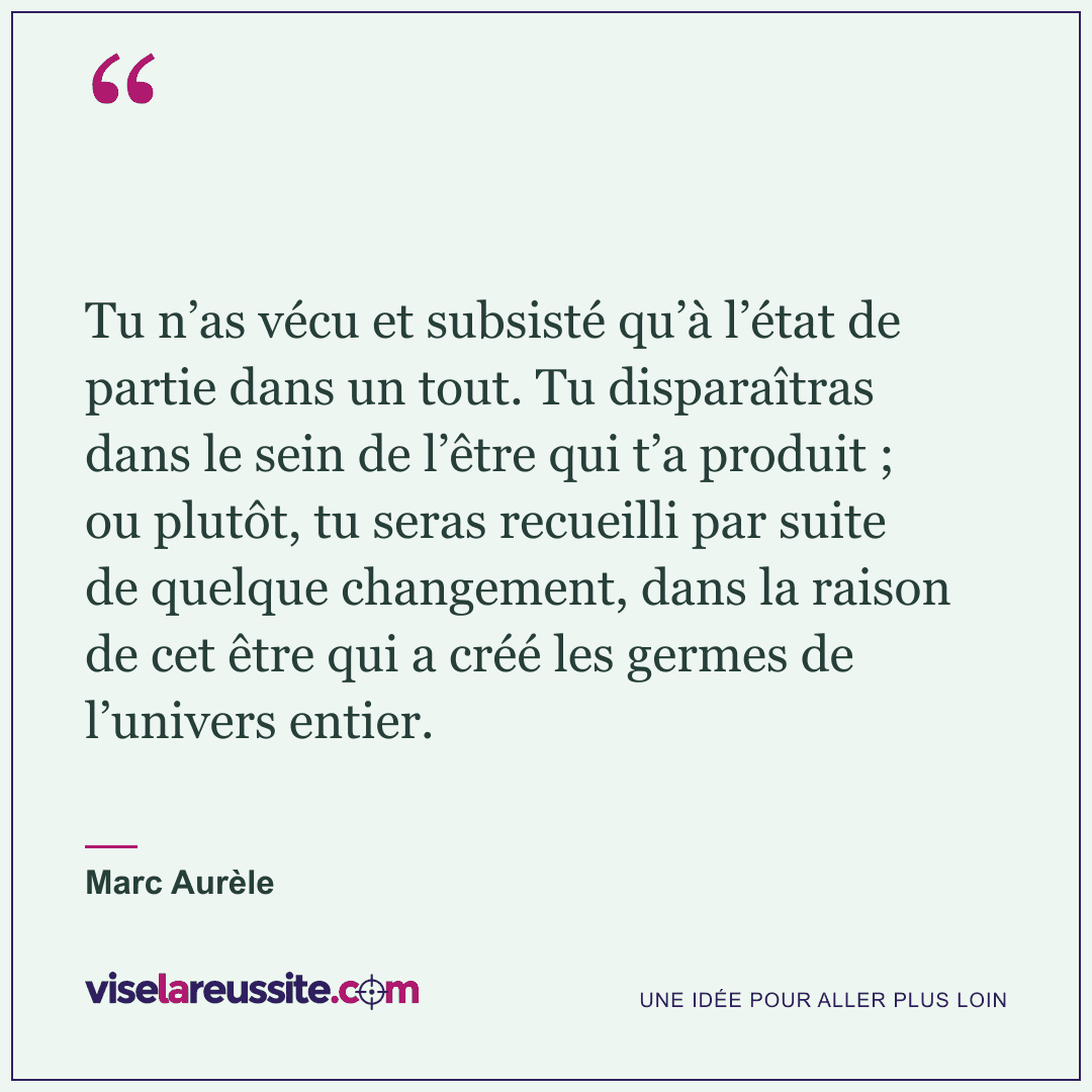 « Tu n’as vécu et subsisté qu’à l’état de partie dans un tout. Tu disparaîtras dans le sein de l’être qui t’a produit ; ou plutôt, tu seras recueilli par suite de quelque changement, dans la raison de cet être qui a créé les germes de l’univers entier. » — Marc Aurèle — Vise la Réussite