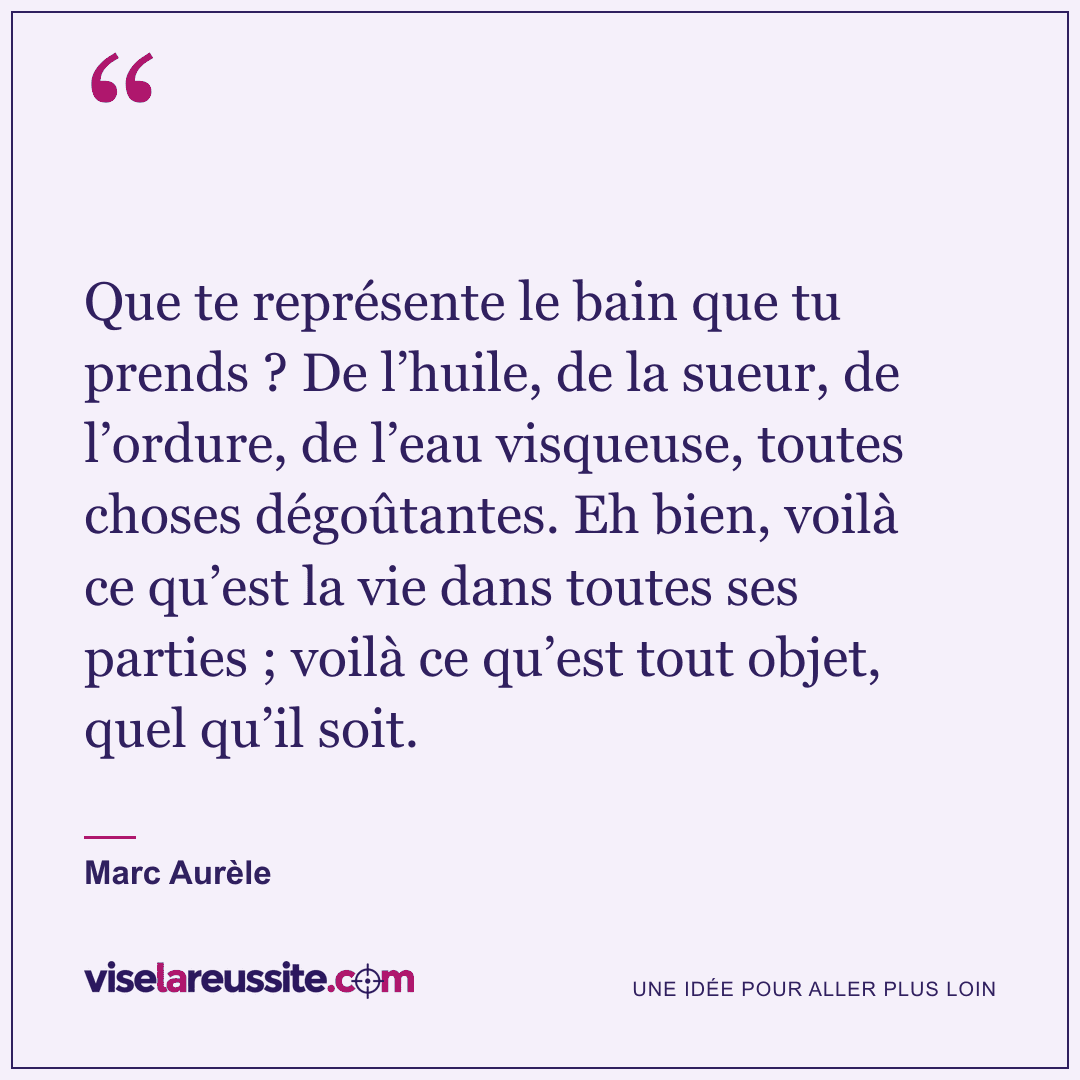 « Que te représente le bain que tu prends ? De l’huile, de la sueur, de l’ordure, de l’eau visqueuse, toutes choses dégoûtantes. Eh bien, voilà ce qu’est la vie dans toutes ses parties ; voilà ce qu’est tout objet, quel qu’il soit. » — Marc Aurèle — Vise la Réussite