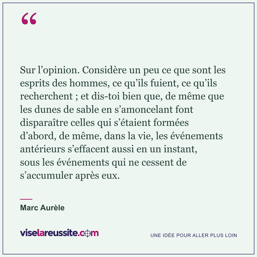 « Sur l’opinion. Considère un peu ce que sont les esprits des hommes, ce qu’ils fuient, ce qu’ils recherchent ; et dis-toi bien que, de même que les dunes de sable en s’amoncelant font disparaître celles qui s’étaient formées d’abord, de même, dans la vie, les événements antérieurs s’effacent aussi en un instant, sous les événements qui ne cessent de s’accumuler après eux. » — Marc Aurèle — Vise la Réussite