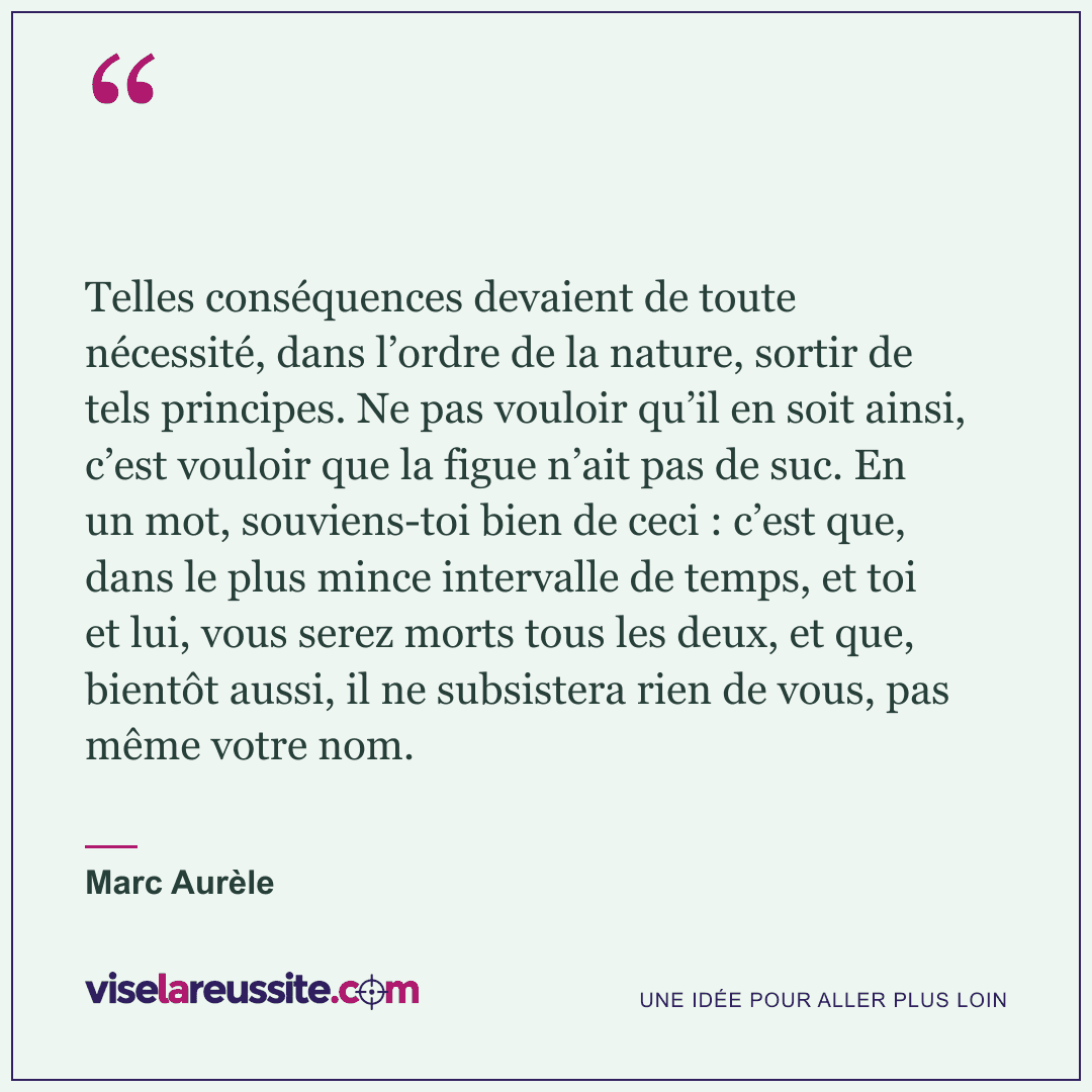 « Telles conséquences devaient de toute nécessité, dans l’ordre de la nature, sortir de tels principes. Ne pas vouloir qu’il en soit ainsi, c’est vouloir que la figue n’ait pas de suc. En un mot, souviens-toi bien de ceci : c’est que, dans le plus mince intervalle de temps, et toi et lui, vous serez morts tous les deux, et que, bientôt aussi, il ne subsistera rien de vous, pas même votre nom. » — Marc Aurèle — Vise la Réussite