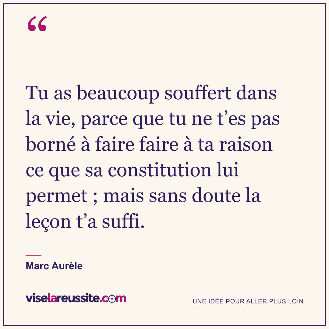 « Tu as beaucoup souffert dans la vie, parce que tu ne t’es pas borné à faire faire à ta raison ce que sa constitution lui permet ; mais sans doute la leçon t’a suffi. » — Marc Aurèle — Vise la Réussite
