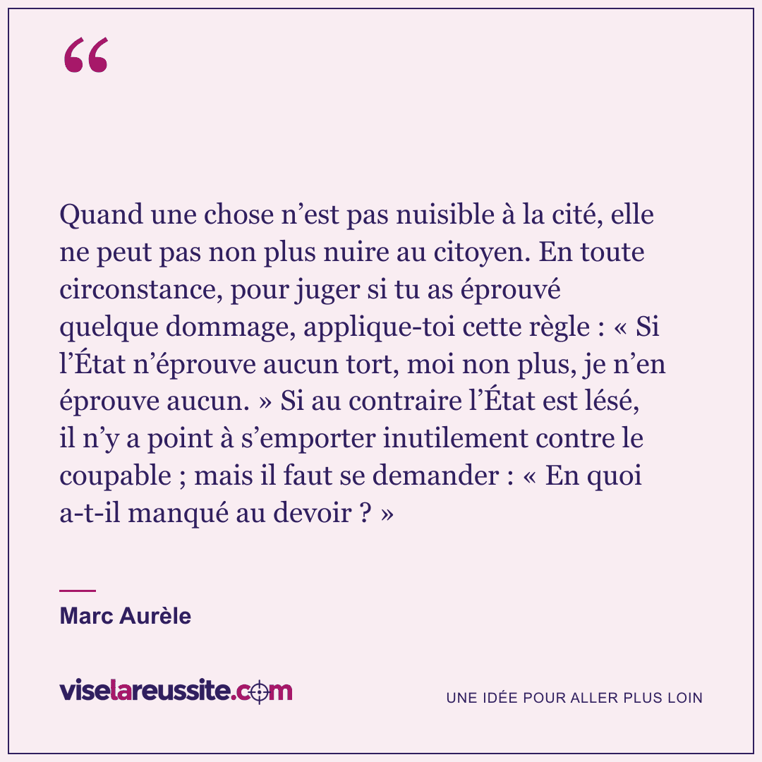 « Quand une chose n’est pas nuisible à la cité, elle ne peut pas non plus nuire au citoyen. En toute circonstance, pour juger si tu as éprouvé quelque dommage, applique-toi cette règle : « Si l’État n’éprouve aucun tort, moi non plus, je n’en éprouve aucun. » Si au contraire l’État est lésé, il n’y a point à s’emporter inutilement contre le coupable ; mais il faut se demander : « En quoi a-t-il manqué au devoir ? » » — Marc Aurèle — Vise la Réussite