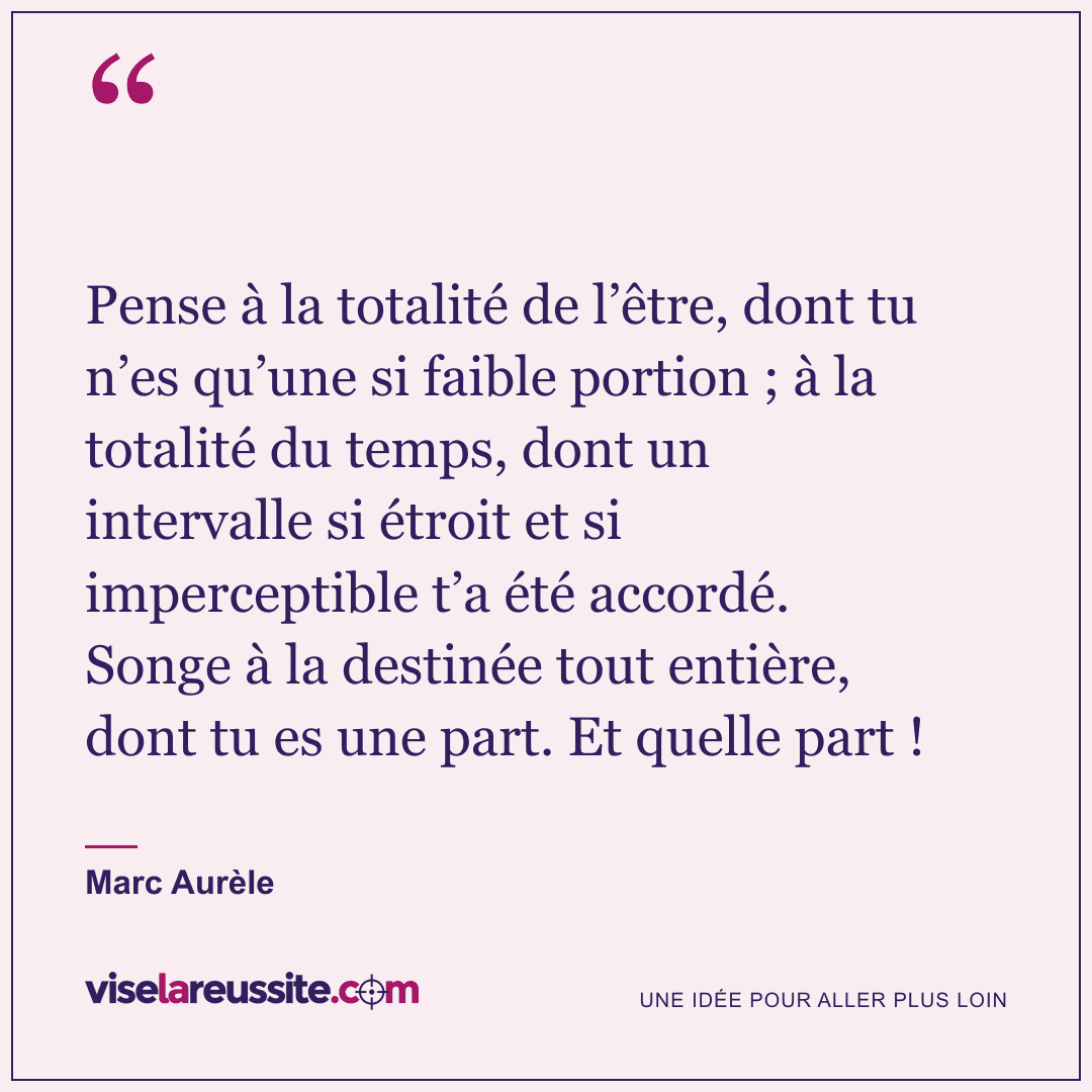« Pense à la totalité de l’être, dont tu n’es qu’une si faible portion ; à la totalité du temps, dont un intervalle si étroit et si imperceptible t’a été accordé. Songe à la destinée tout entière, dont tu es une part. Et quelle part ! » — Marc Aurèle — Vise la Réussite