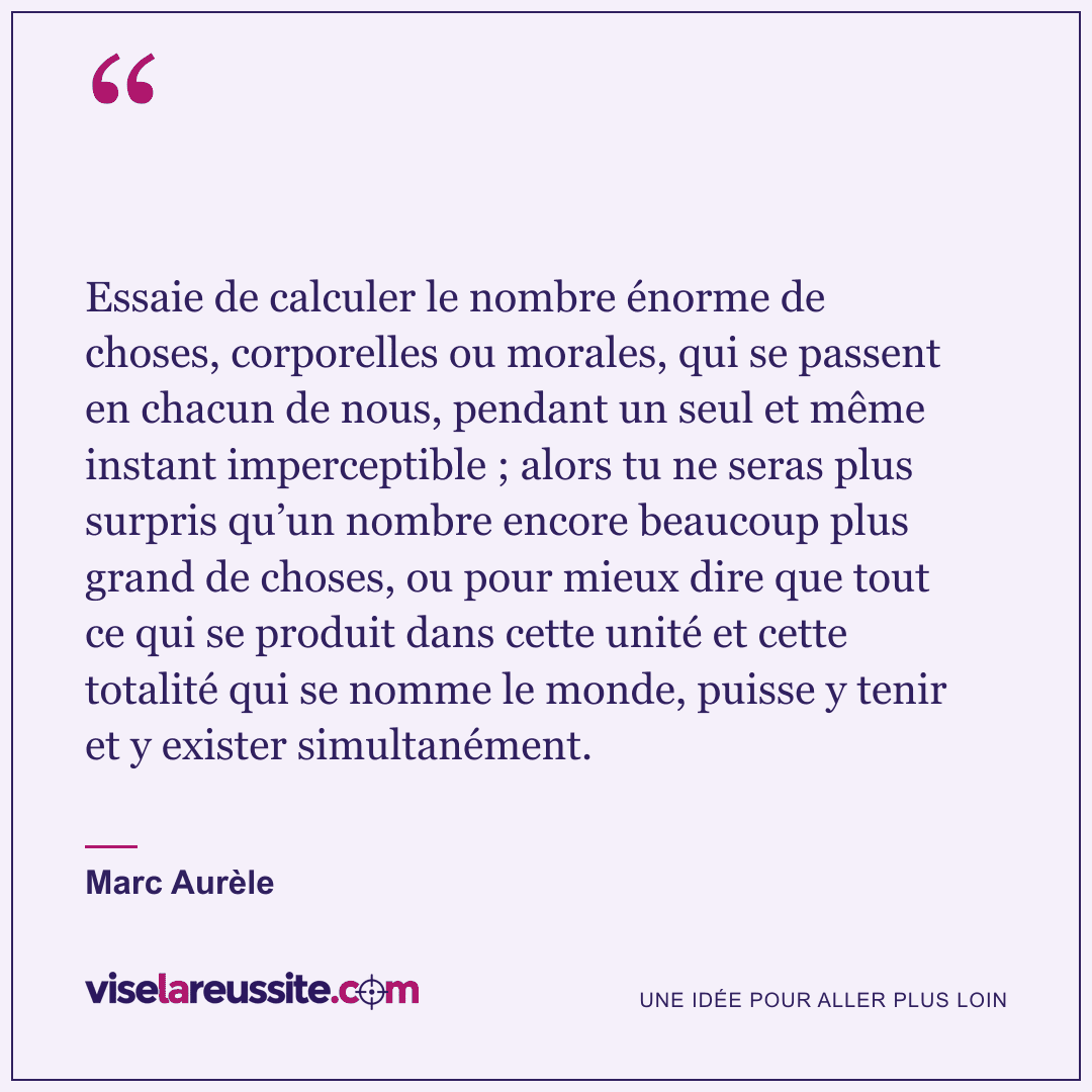 « Essaie de calculer le nombre énorme de choses, corporelles ou morales, qui se passent en chacun de nous, pendant un seul et même instant imperceptible ; alors tu ne seras plus surpris qu’un nombre encore beaucoup plus grand de choses, ou pour mieux dire que tout ce qui se produit dans cette unité et cette totalité qui se nomme le monde, puisse y tenir et y exister simultanément. » — Marc Aurèle — Vise la Réussite
