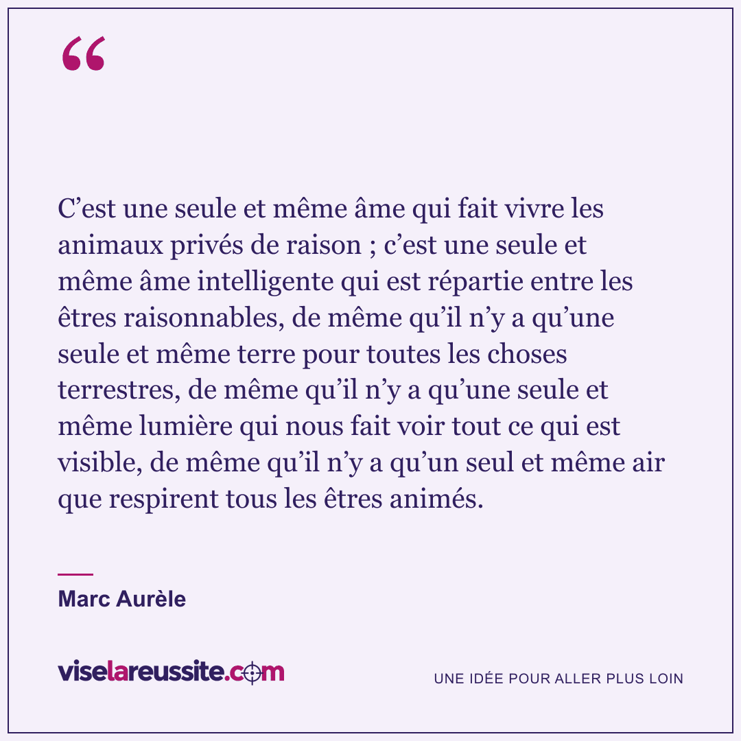 « C’est une seule et même âme qui fait vivre les animaux privés de raison ; c’est une seule et même âme intelligente qui est répartie entre les êtres raisonnables, de même qu’il n’y a qu’une seule et même terre pour toutes les choses terrestres, de même qu’il n’y a qu’une seule et même lumière qui nous fait voir tout ce qui est visible, de même qu’il n’y a qu’un seul et même air que respirent tous les êtres animés. » — Marc Aurèle — Vise la Réussite