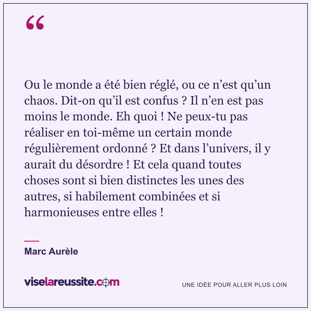 « Ou le monde a été bien réglé, ou ce n’est qu’un chaos. Dit-on qu’il est confus ? Il n’en est pas moins le monde. Eh quoi ! Ne peux-tu pas réaliser en toi-même un certain monde régulièrement ordonné ? Et dans l’univers, il y aurait du désordre ! Et cela quand toutes choses sont si bien distinctes les unes des autres, si habilement combinées et si harmonieuses entre elles ! » — Marc Aurèle — Vise la Réussite