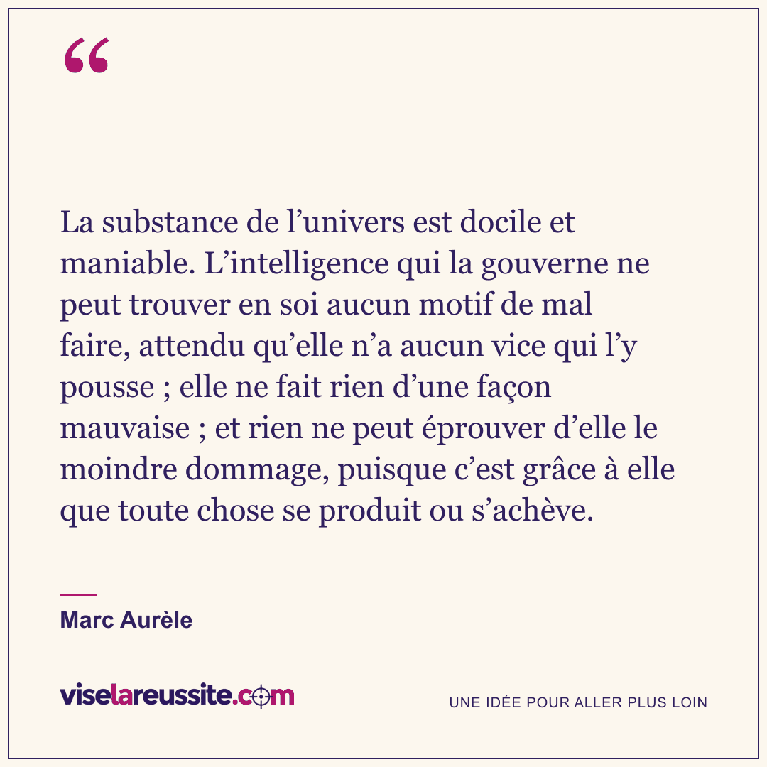 « La substance de l’univers est docile et maniable. L’intelligence qui la gouverne ne peut trouver en soi aucun motif de mal faire, attendu qu’elle n’a aucun vice qui l’y pousse ; elle ne fait rien d’une façon mauvaise ; et rien ne peut éprouver d’elle le moindre dommage, puisque c’est grâce à elle que toute chose se produit ou s’achève. » — Marc Aurèle — Vise la Réussite