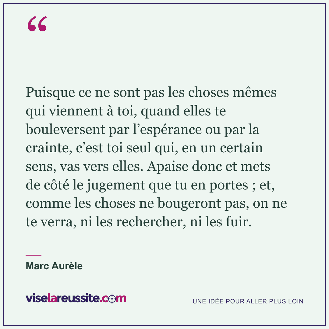 « Puisque ce ne sont pas les choses mêmes qui viennent à toi, quand elles te bouleversent par l’espérance ou par la crainte, c’est toi seul qui, en un certain sens, vas vers elles. Apaise donc et mets de côté le jugement que tu en portes ; et, comme les choses ne bougeront pas, on ne te verra, ni les rechercher, ni les fuir. » — Marc Aurèle — Vise la Réussite