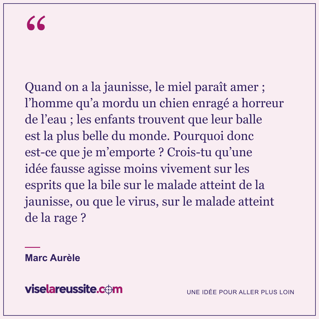 « Quand on a la jaunisse, le miel paraît amer ; l’homme qu’a mordu un chien enragé a horreur de l’eau ; les enfants trouvent que leur balle est la plus belle du monde. Pourquoi donc est-ce que je m’emporte ? Crois-tu qu’une idée fausse agisse moins vivement sur les esprits que la bile sur le malade atteint de la jaunisse, ou que le virus, sur le malade atteint de la rage ? » — Marc Aurèle — Vise la Réussite