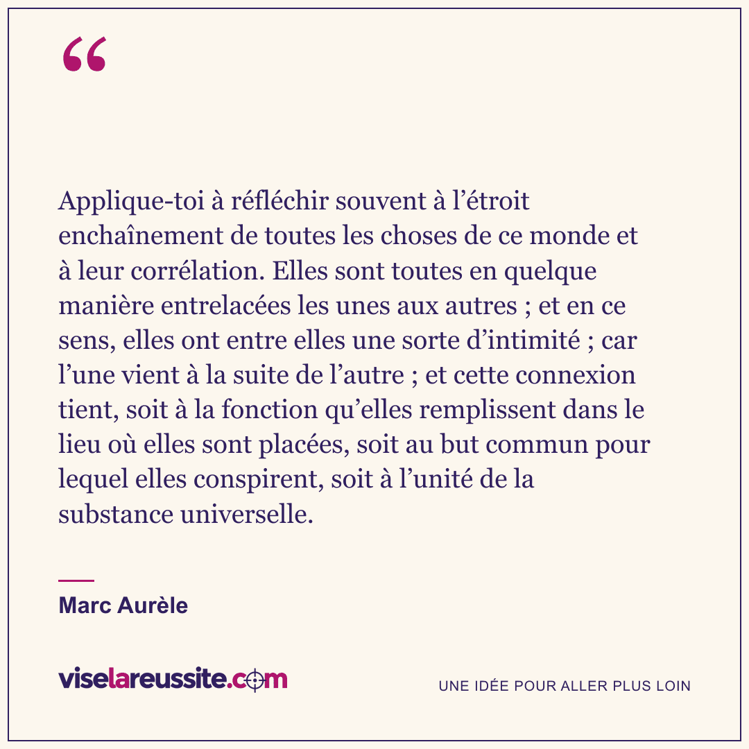 « Applique-toi à réfléchir souvent à l’étroit enchaînement de toutes les choses de ce monde et à leur corrélation. Elles sont toutes en quelque manière entrelacées les unes aux autres ; et en ce sens, elles ont entre elles une sorte d’intimité ; car l’une vient à la suite de l’autre ; et cette connexion tient, soit à la fonction qu’elles remplissent dans le lieu où elles sont placées, soit au but commun pour lequel elles conspirent, soit à l’unité de la substance universelle. » — Marc Aurèle — Vise la Réussite