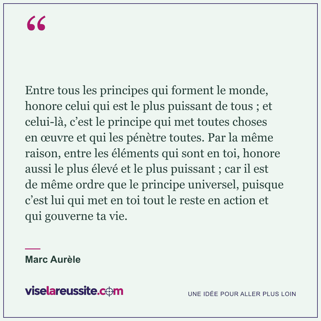 « Entre tous les principes qui forment le monde, honore celui qui est le plus puissant de tous ; et celui-là, c’est le principe qui met toutes choses en œuvre et qui les pénètre toutes. Par la même raison, entre les éléments qui sont en toi, honore aussi le plus élevé et le plus puissant ; car il est de même ordre que le principe universel, puisque c’est lui qui met en toi tout le reste en action et qui gouverne ta vie. » — Marc Aurèle — Vise la Réussite