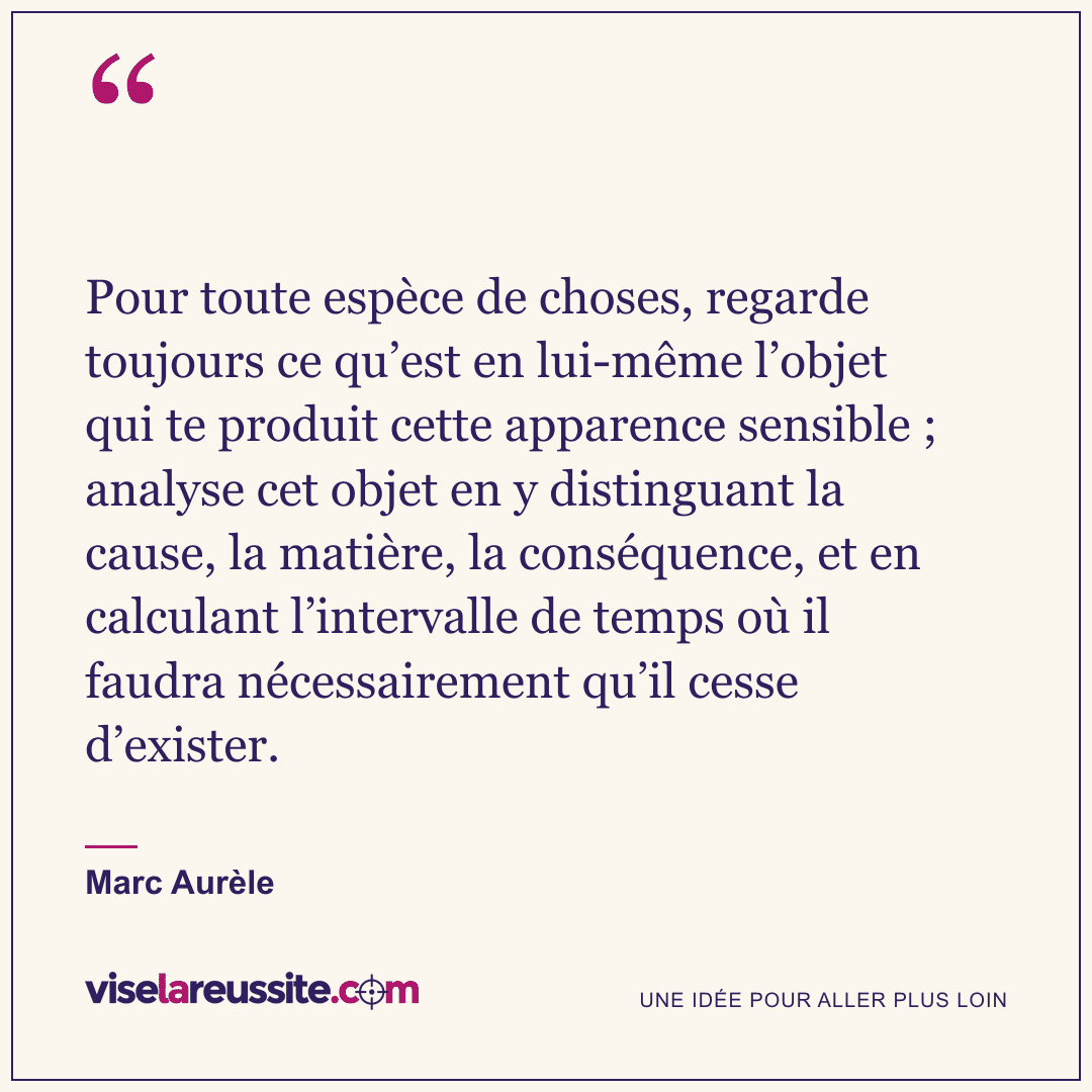 « Pour toute espèce de choses, regarde toujours ce qu’est en lui-même l’objet qui te produit cette apparence sensible ; analyse cet objet en y distinguant la cause, la matière, la conséquence, et en calculant l’intervalle de temps où il faudra nécessairement qu’il cesse d’exister. » — Marc Aurèle — Vise la Réussite