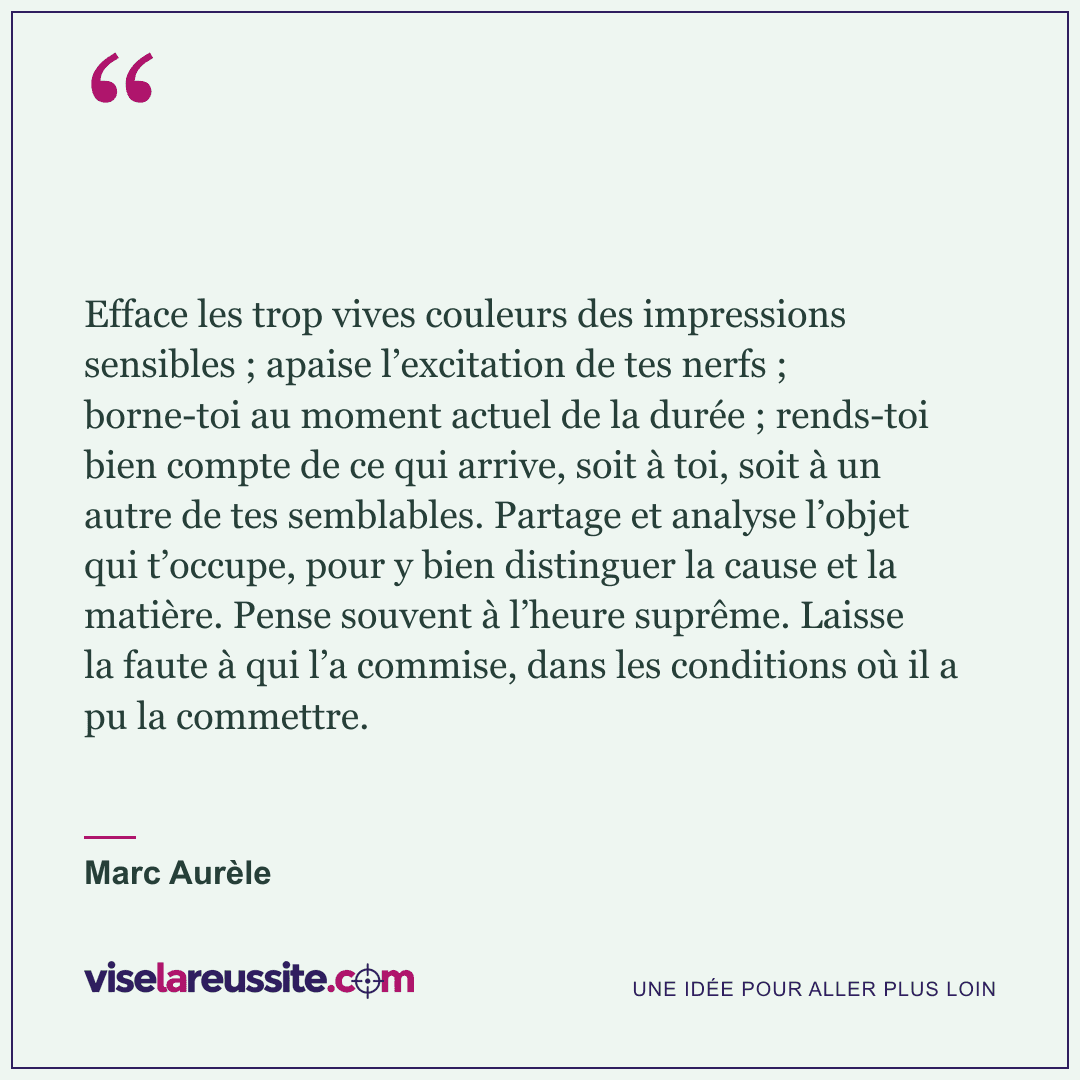 « Efface les trop vives couleurs des impressions sensibles ; apaise l’excitation de tes nerfs ; borne-toi au moment actuel de la durée ; rends-toi bien compte de ce qui arrive, soit à toi, soit à un autre de tes semblables. Partage et analyse l’objet qui t’occupe, pour y bien distinguer la cause et la matière. Pense souvent à l’heure suprême. Laisse la faute à qui l’a commise, dans les conditions où il a pu la commettre. » — Marc Aurèle — Vise la Réussite