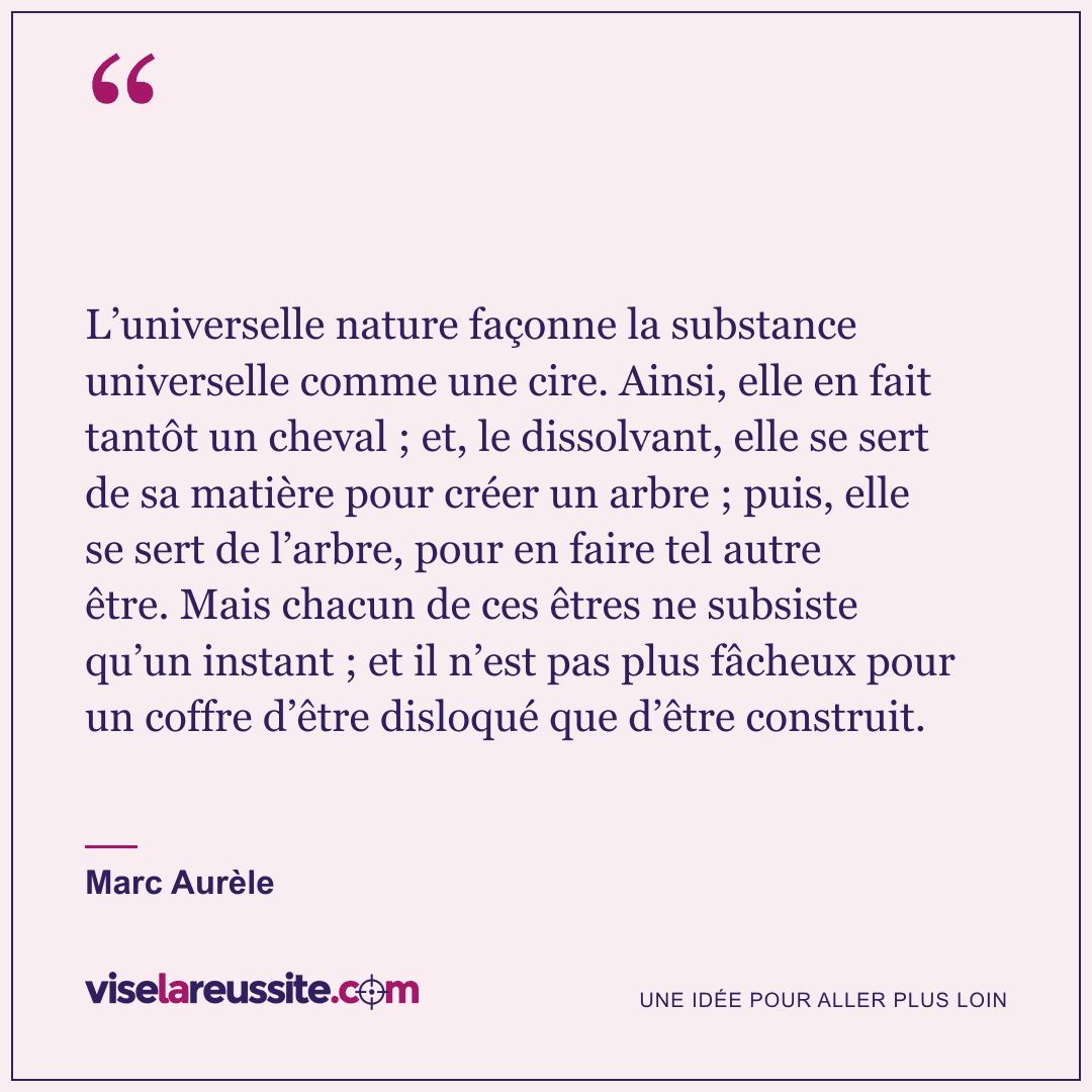 « L’universelle nature façonne la substance universelle comme une cire. Ainsi, elle en fait tantôt un cheval ; et, le dissolvant, elle se sert de sa matière pour créer un arbre ; puis, elle se sert de l’arbre, pour en faire tel autre être. Mais chacun de ces êtres ne subsiste qu’un instant ; et il n’est pas plus fâcheux pour un coffre d’être disloqué que d’être construit. » — Marc Aurèle — Vise la Réussite
