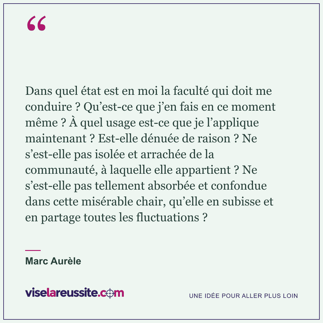 « Dans quel état est en moi la faculté qui doit me conduire ? Qu’est-ce que j’en fais en ce moment même ? À quel usage est-ce que je l’applique maintenant ? Est-elle dénuée de raison ? Ne s’est-elle pas isolée et arrachée de la communauté, à laquelle elle appartient ? Ne s’est-elle pas tellement absorbée et confondue dans cette misérable chair, qu’elle en subisse et en partage toutes les fluctuations ? » — Marc Aurèle — Vise la Réussite