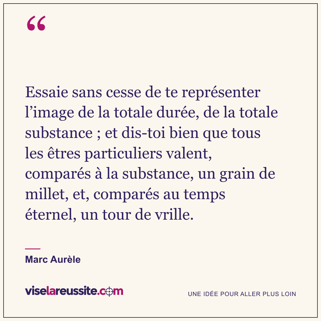 « Essaie sans cesse de te représenter l’image de la totale durée, de la totale substance ; et dis-toi bien que tous les êtres particuliers valent, comparés à la substance, un grain de millet, et, comparés au temps éternel, un tour de vrille. » — Marc Aurèle — Vise la Réussite