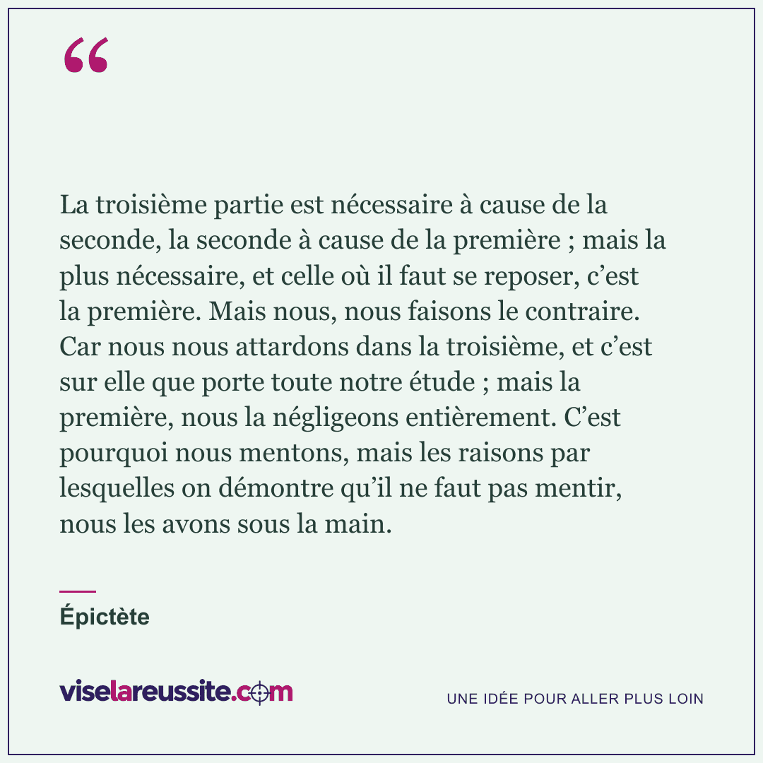 « La troisième partie est nécessaire à cause de la seconde, la seconde à cause de la première ; mais la plus nécessaire, et celle où il faut se reposer, c’est la première. Mais nous, nous faisons le contraire. Car nous nous attardons dans la troisième, et c’est sur elle que porte toute notre étude ; mais la première, nous la négligeons entièrement. C’est pourquoi nous mentons, mais les raisons par lesquelles on démontre qu’il ne faut pas mentir, nous les avons sous la main. » — Épictète — Vise la Réussite
