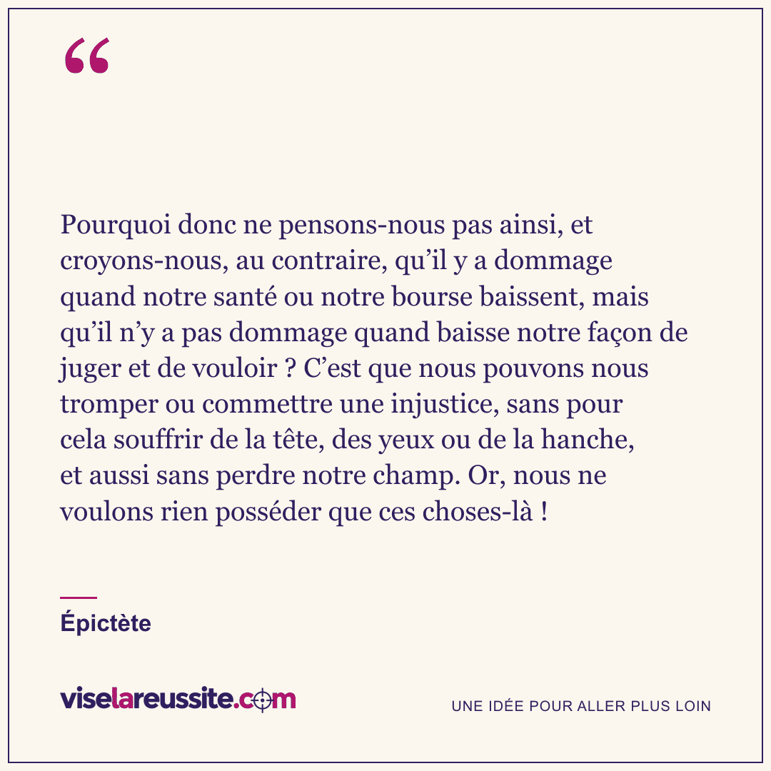« Pourquoi donc ne pensons-nous pas ainsi, et croyons-nous, au contraire, qu’il y a dommage quand notre santé ou notre bourse baissent, mais qu’il n’y a pas dommage quand baisse notre façon de juger et de vouloir ? C’est que nous pouvons nous tromper ou commettre une injustice, sans pour cela souffrir de la tête, des yeux ou de la hanche, et aussi sans perdre notre champ. Or, nous ne voulons rien posséder que ces choses-là ! » — Épictète — Vise la Réussite