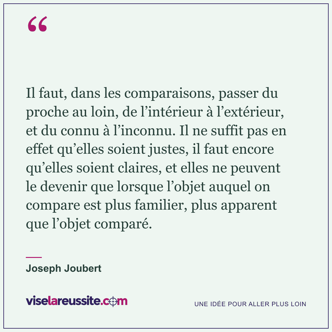 « Il faut, dans les comparaisons, passer du proche au loin, de l’intérieur à l’extérieur, et du connu à l’inconnu. Il ne suffit pas en effet qu’elles soient justes, il faut encore qu’elles soient claires, et elles ne peuvent le devenir que lorsque l’objet auquel on compare est plus familier, plus apparent que l’objet comparé. » — Joseph Joubert — Vise la Réussite