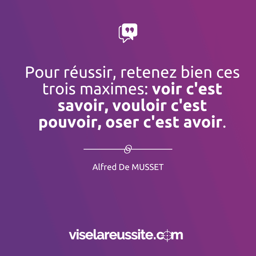 pour réussir, retenez bien ces trois maximes: voir c'est savoir, vouloir c'est pouvoir, oser c'est avoir.