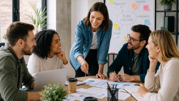 manager échangeant avec son équipe dans un environnement de travail positif