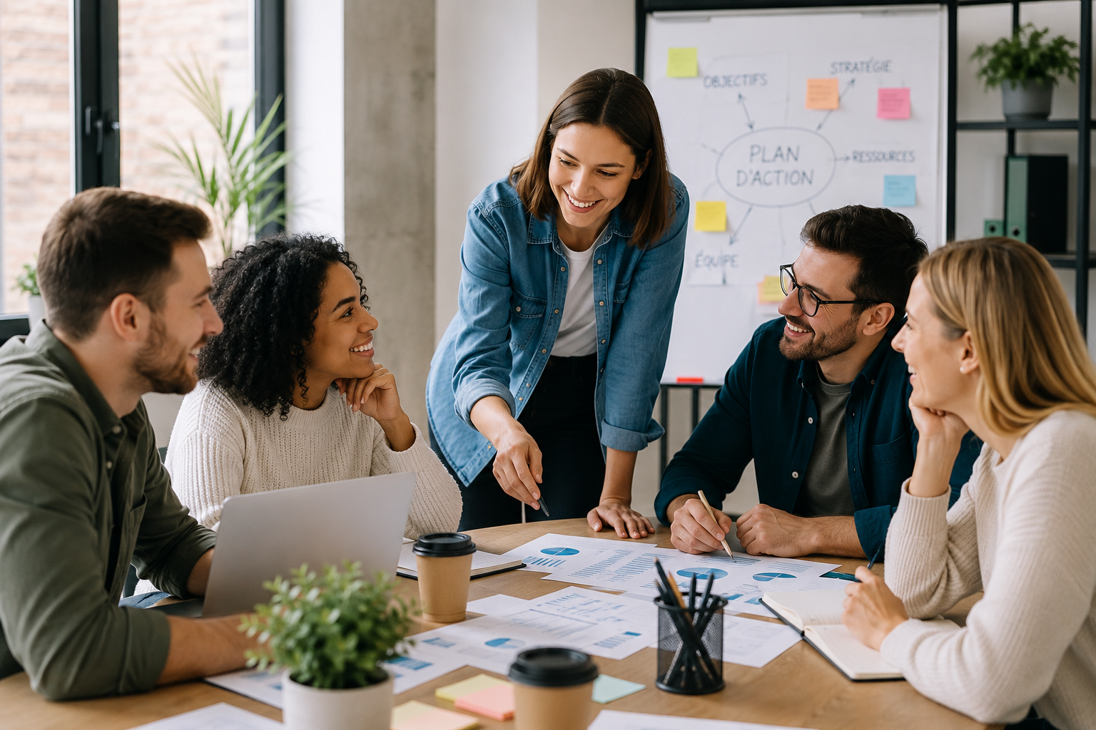 Management humain : comment motiver une équipe sans la mettre sous pression manager échangeant avec son équipe dans un environnement de travail positif